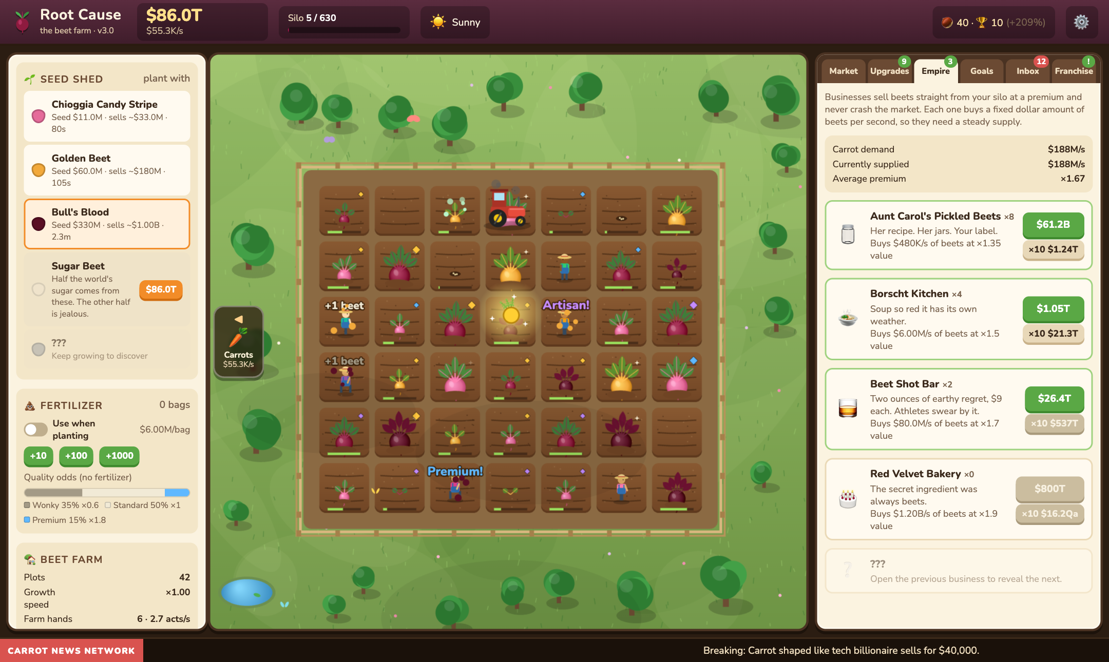 The beet farm, with round beets, a tractor and a golden beet