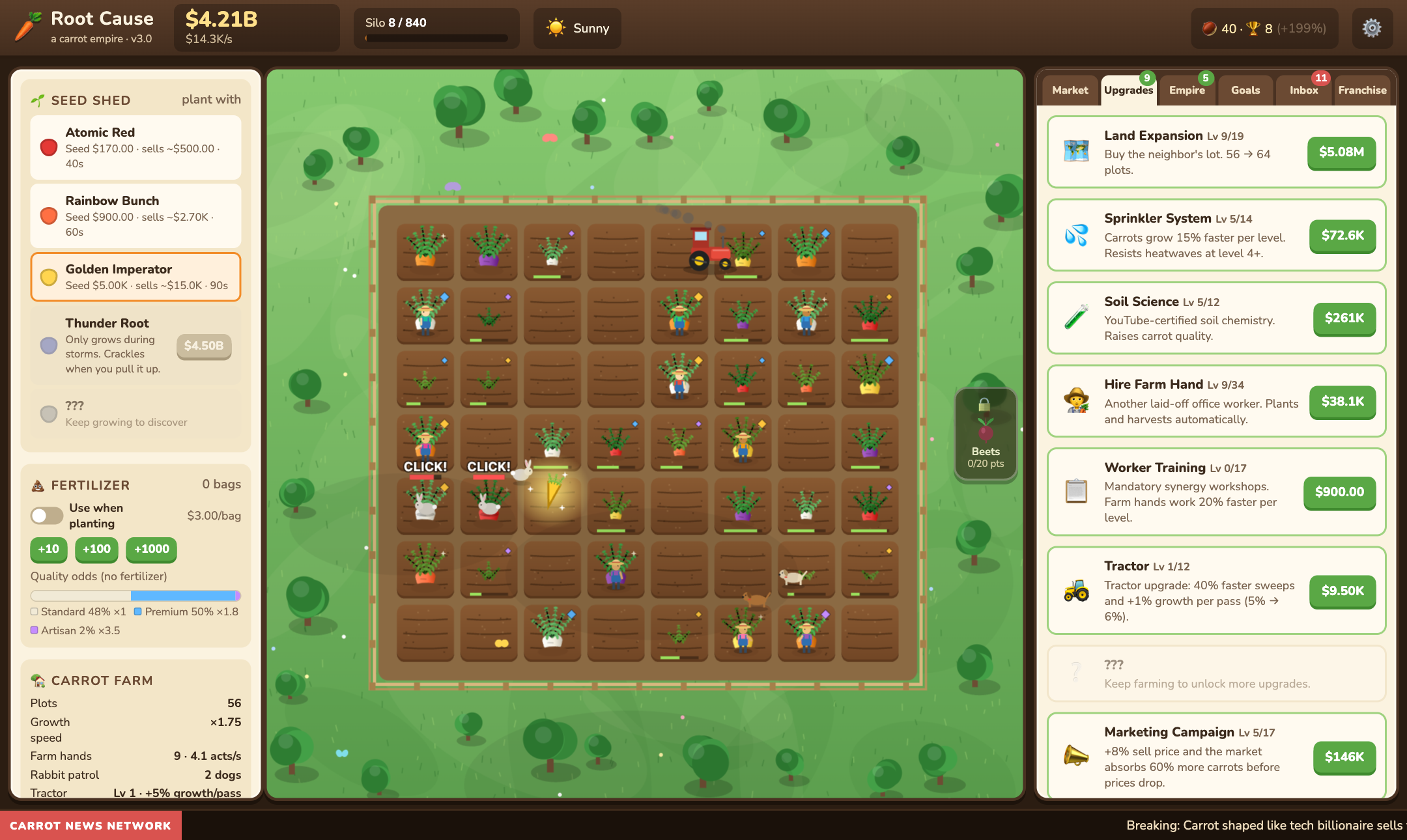 A carrot farm with farm hands, a tractor, rabbits and a golden carrot